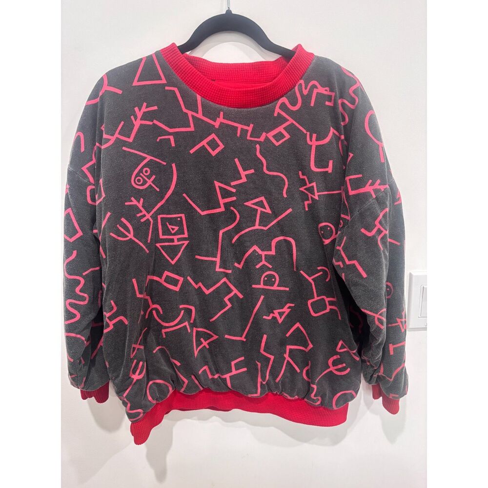 Vintage Reversible Abstract Doodle Sweatshirt Red Gray Memphis Style M/L